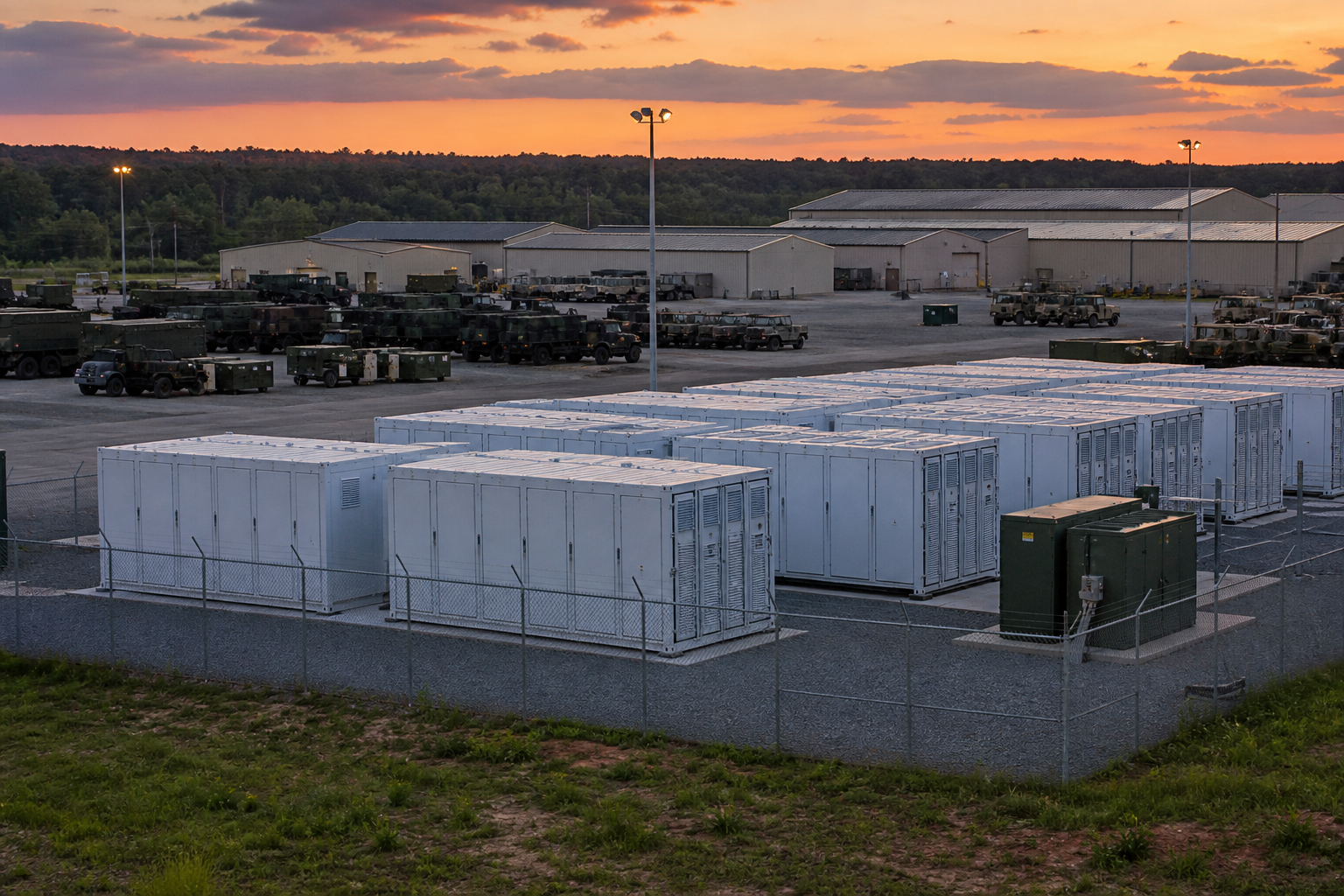 Grid battery containers beside a secured logistics depot at dusk