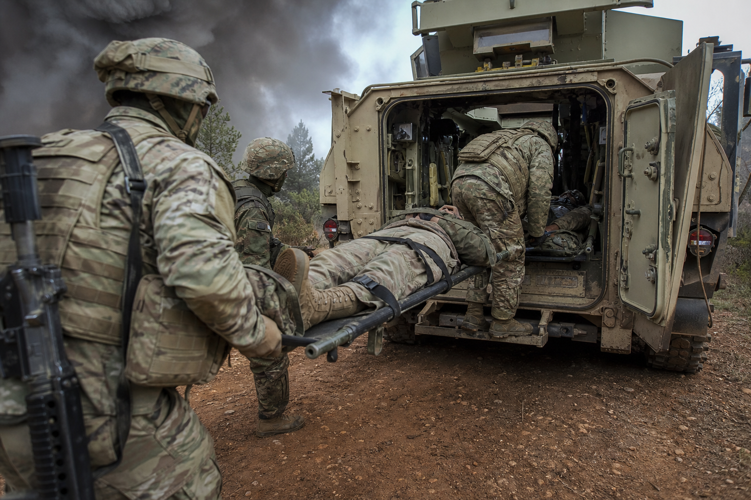 Armored military medical evacuation vehicle near field care tents