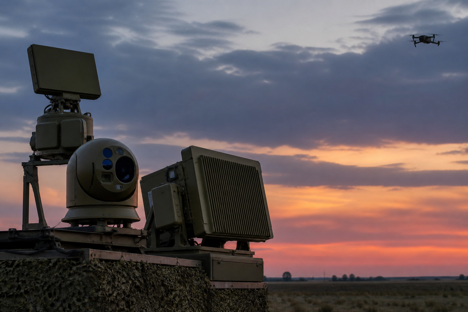 Counter-drone radar and directional jammer mast at dusk