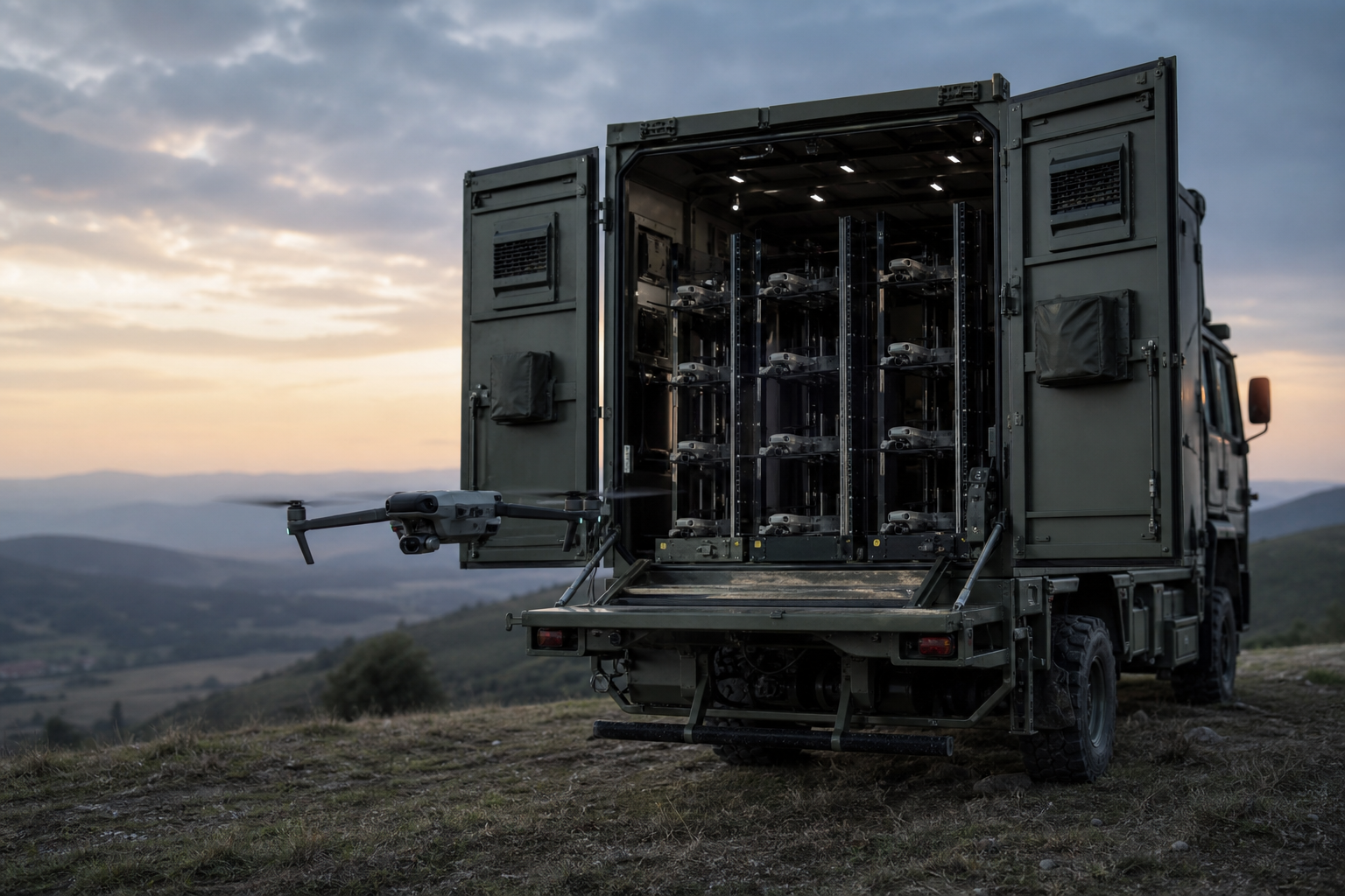 Bastion Hive mothership truck with rear doors open and drones launching from racks