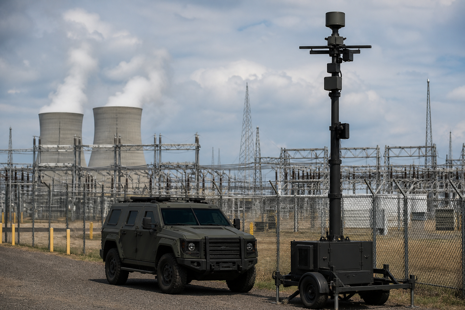 Counter-drone mast near a secured industrial perimeter