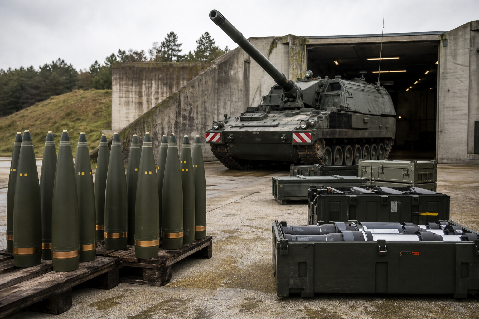 Artillery munitions staged beside a howitzer for interface trials