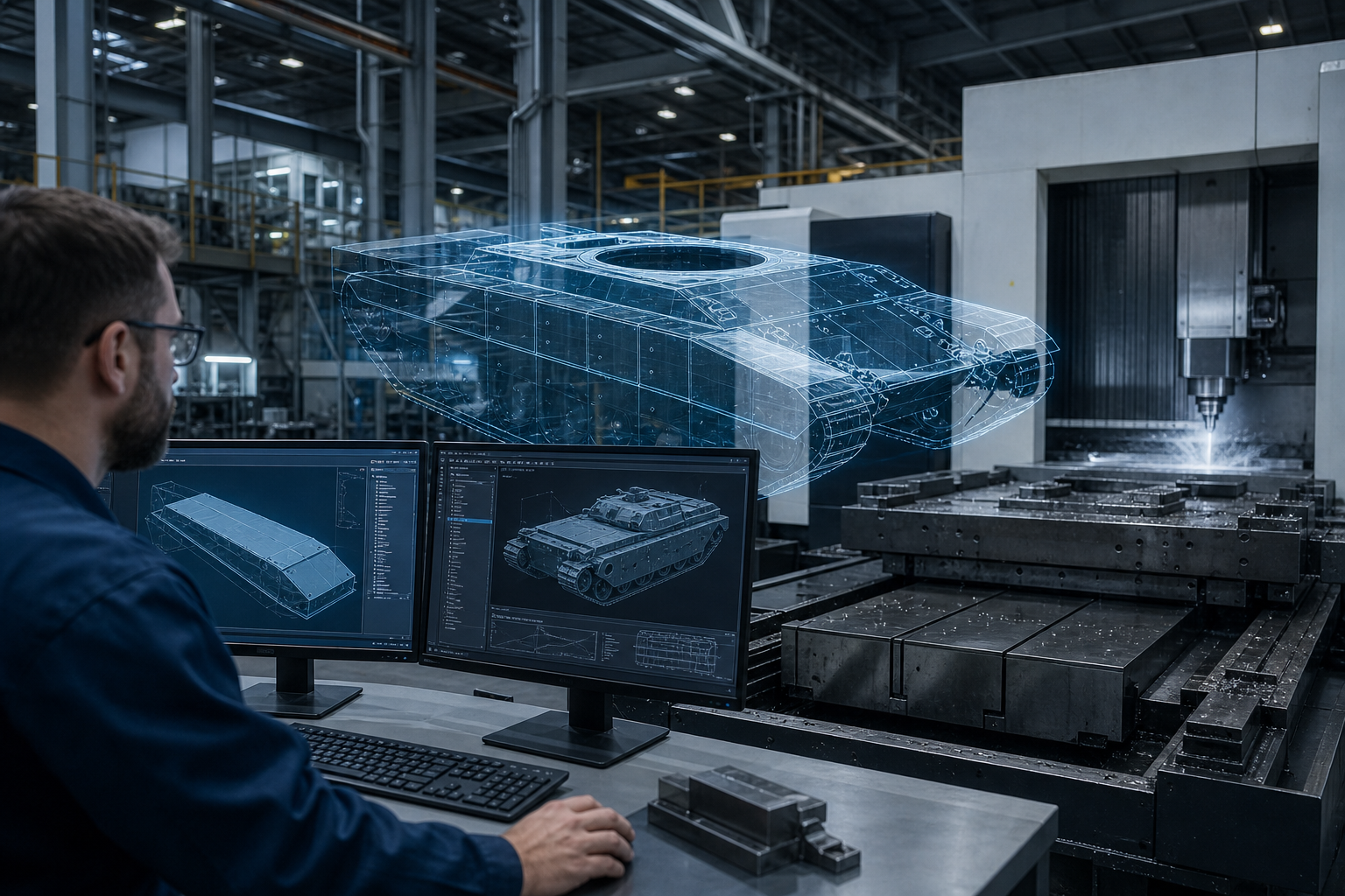 Factory digital twin screens beside CNC machining of armor parts