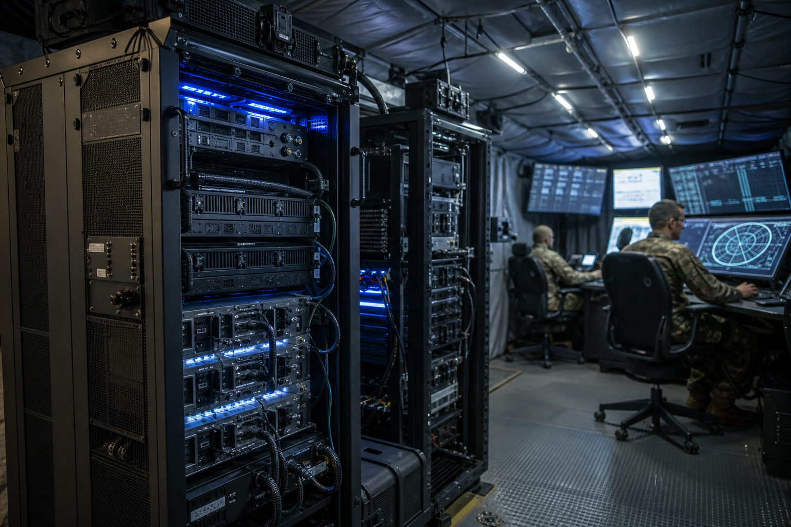 Rugged edge-compute racks inside a field command shelter