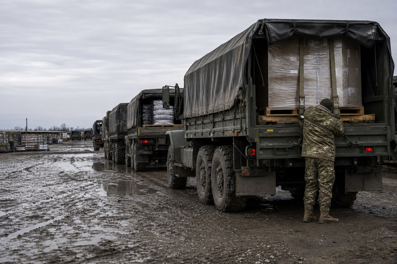 Heavy military transport truck on a dusty supply route
