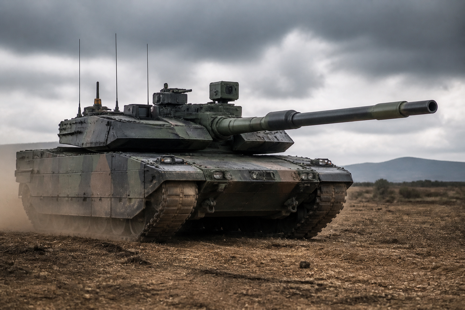Main battle tank moving across open terrain