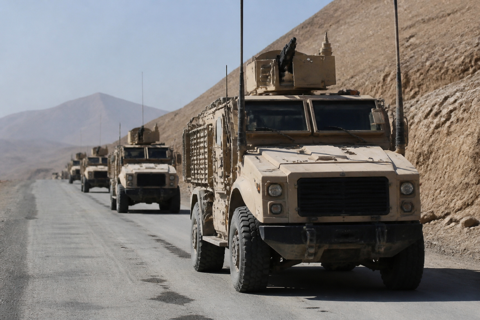 Mine-resistant ambush-protected armored truck on a dusty road
