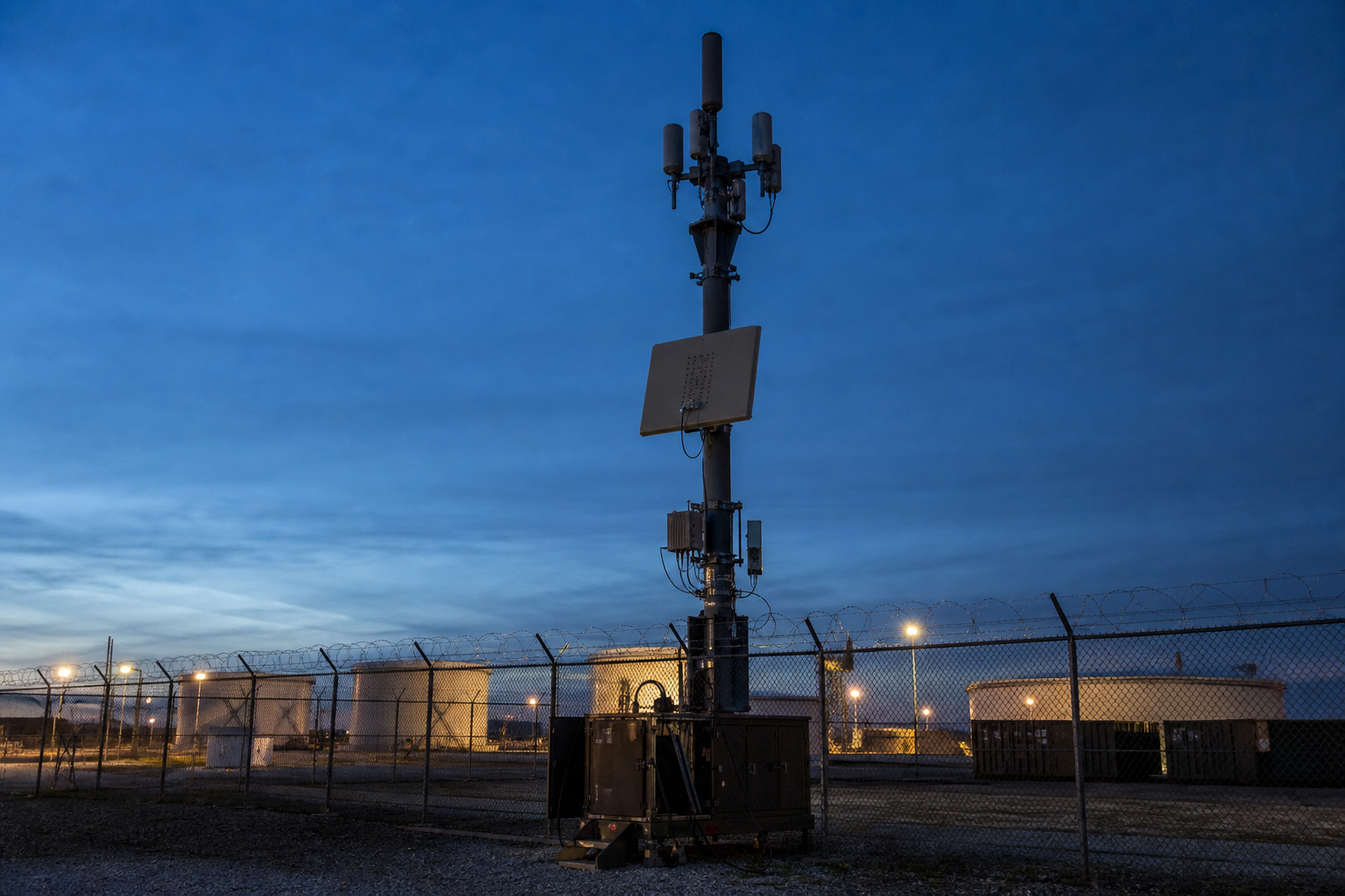 NetGuard counter-drone mast overlooking a secured depot