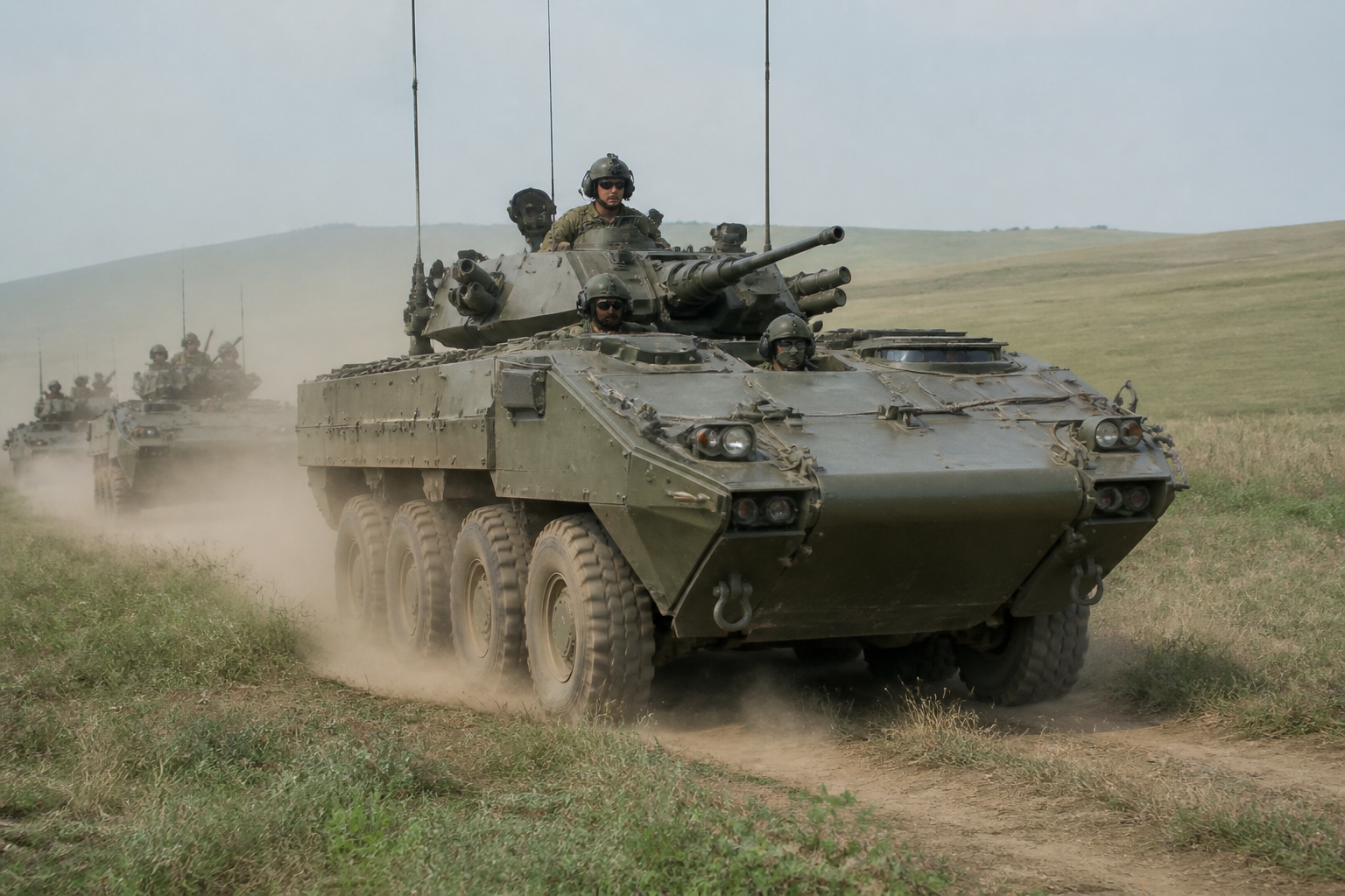 Wheeled armored vehicle representing modern 8x8 troop carrier concepts