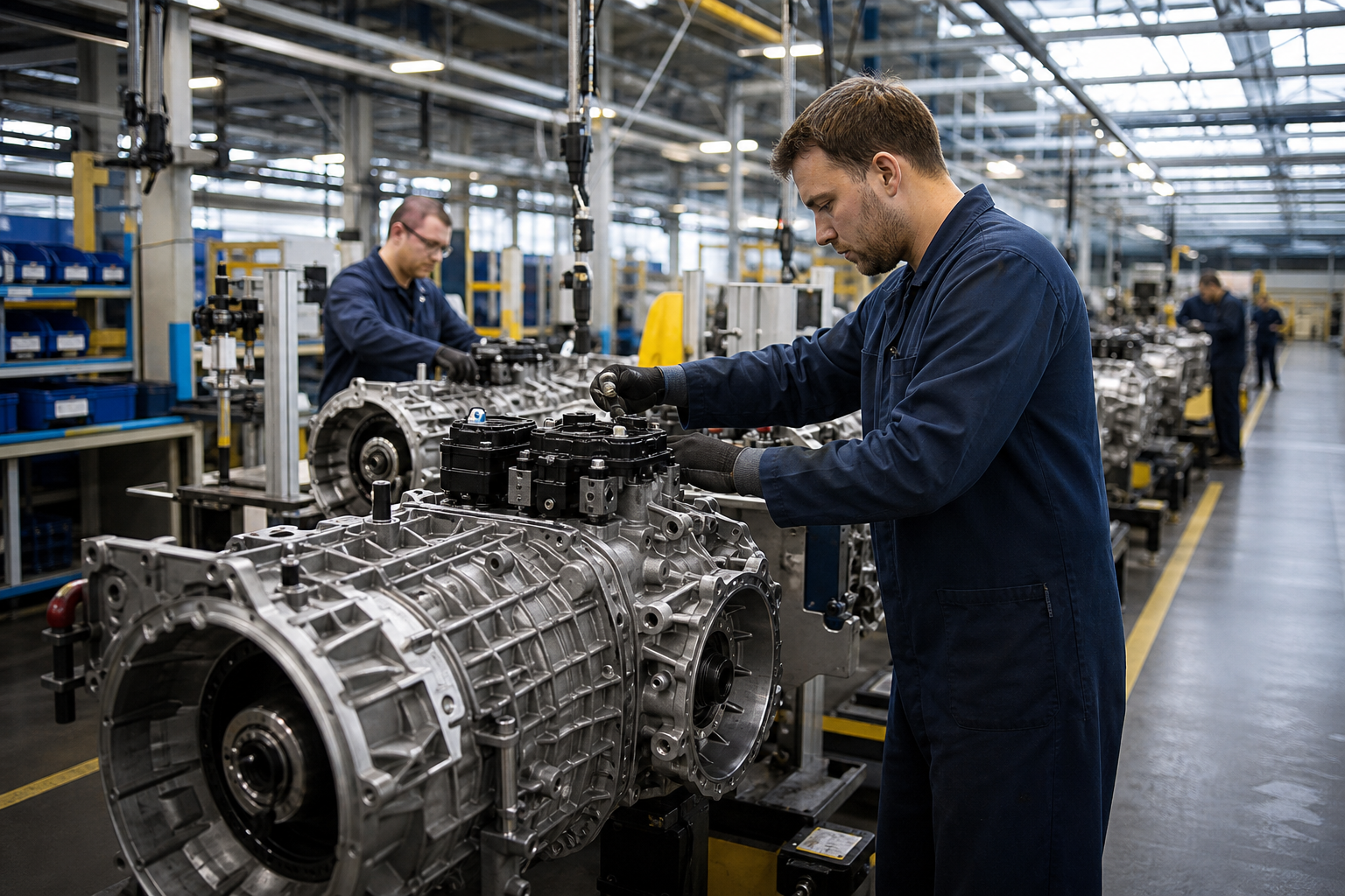Series production line assembling heavy vehicle transmissions