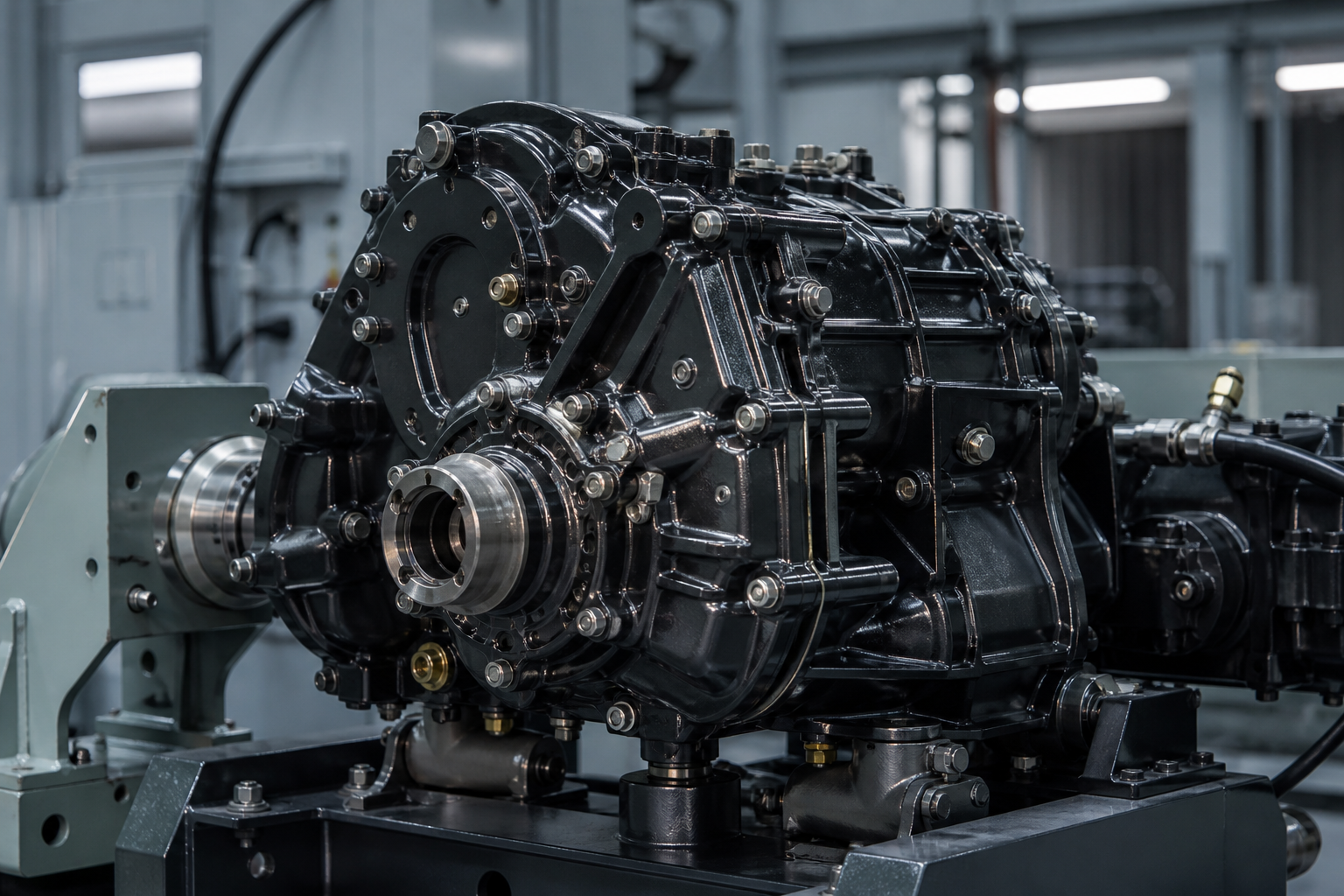 Heavy-armor transmission assembly on an industrial test stand