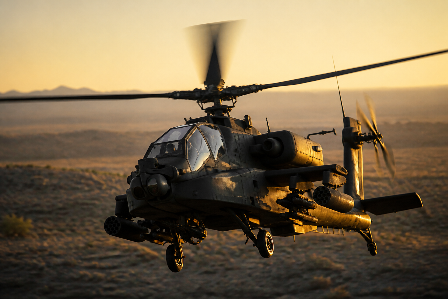 Attack helicopter flying low over arid terrain