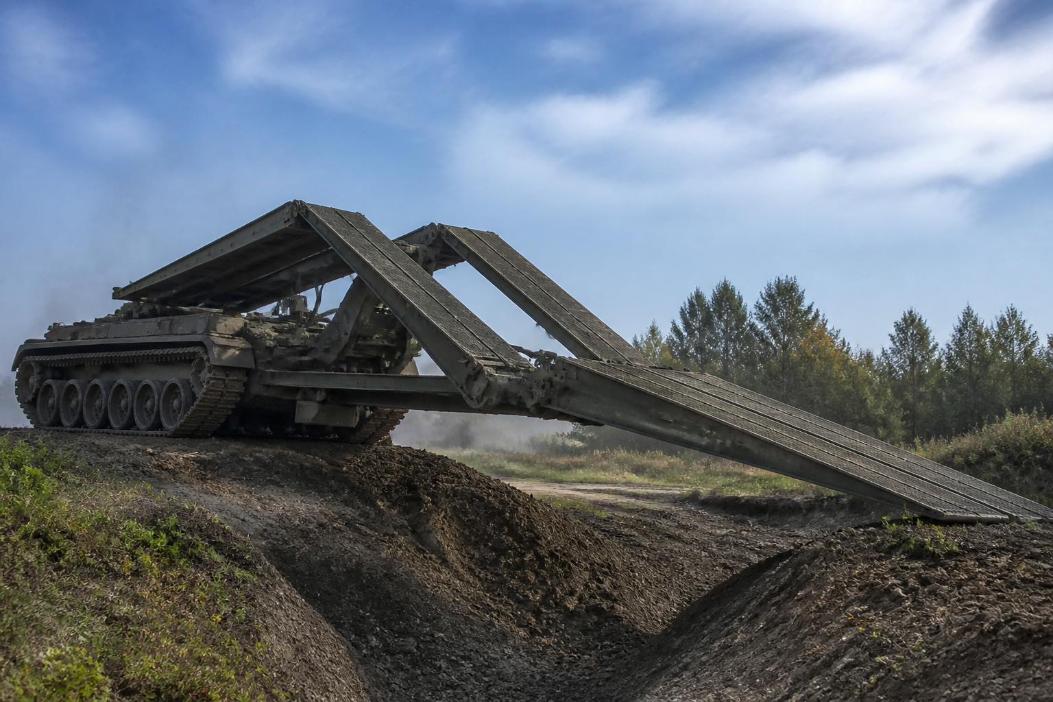 Armored bridge-laying vehicle deploying a scissors bridge