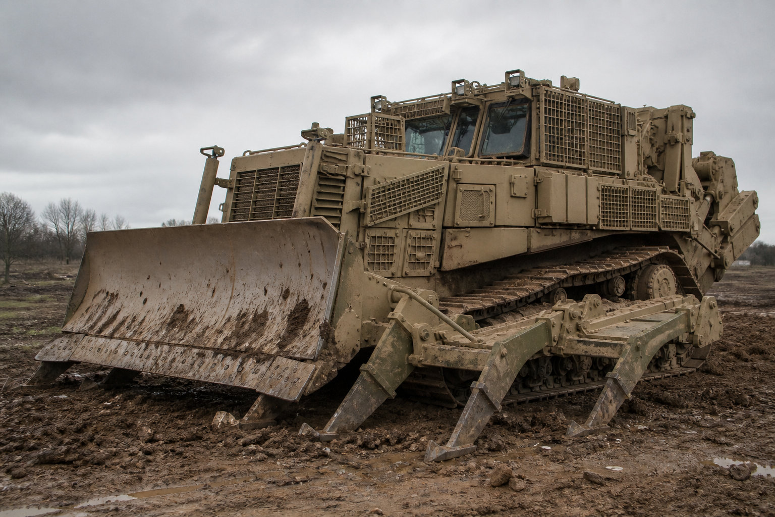Armored engineering vehicle with dozer blade and mine plow