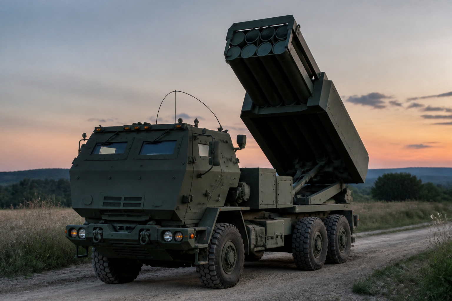 Truck-mounted rocket artillery launcher elevated on a dirt road