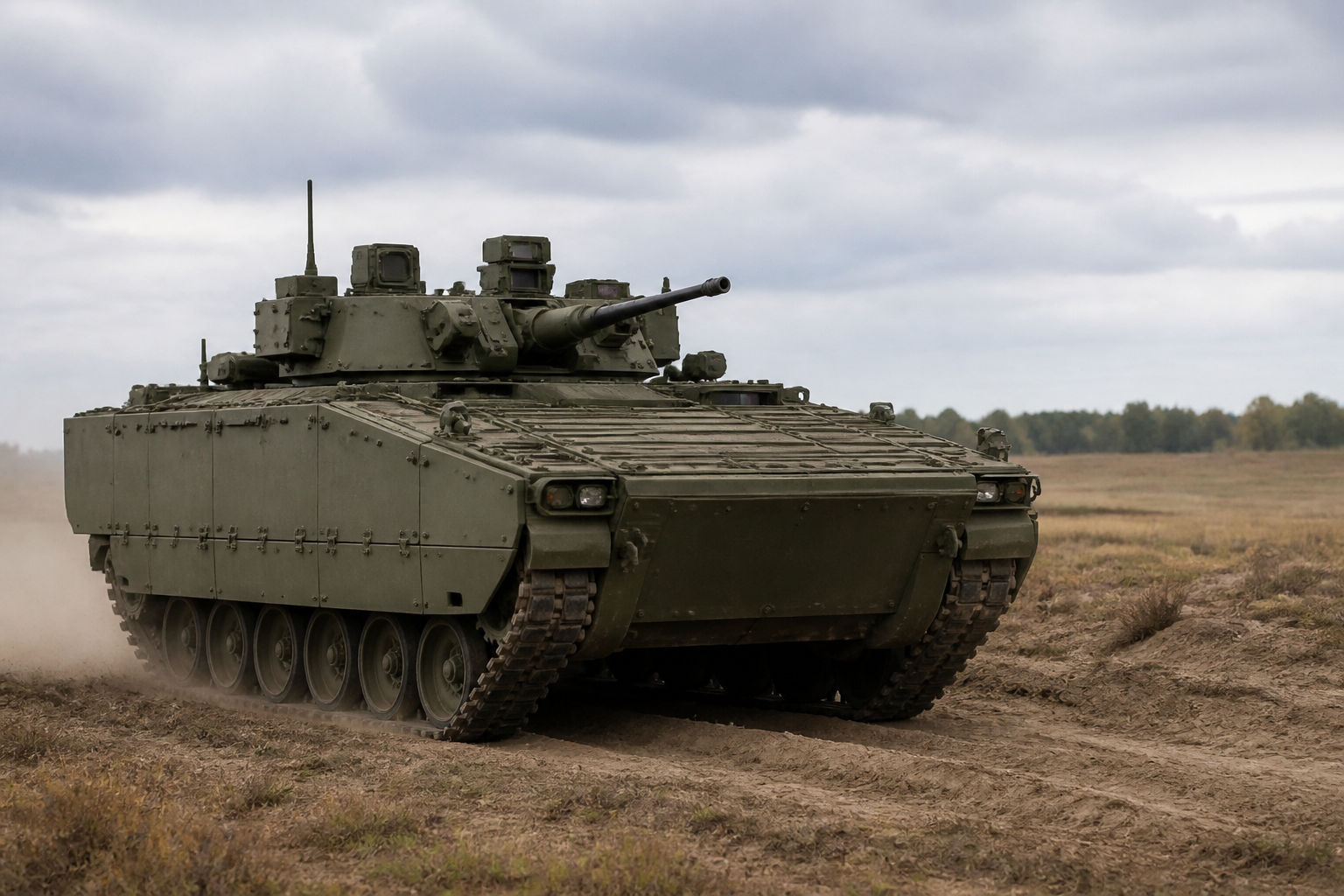 Tracked infantry fighting vehicle on an open field