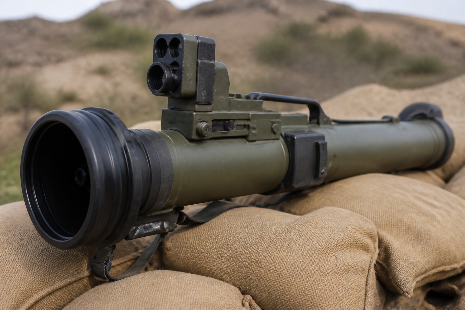 Man-portable anti-tank missile launch tube on field position