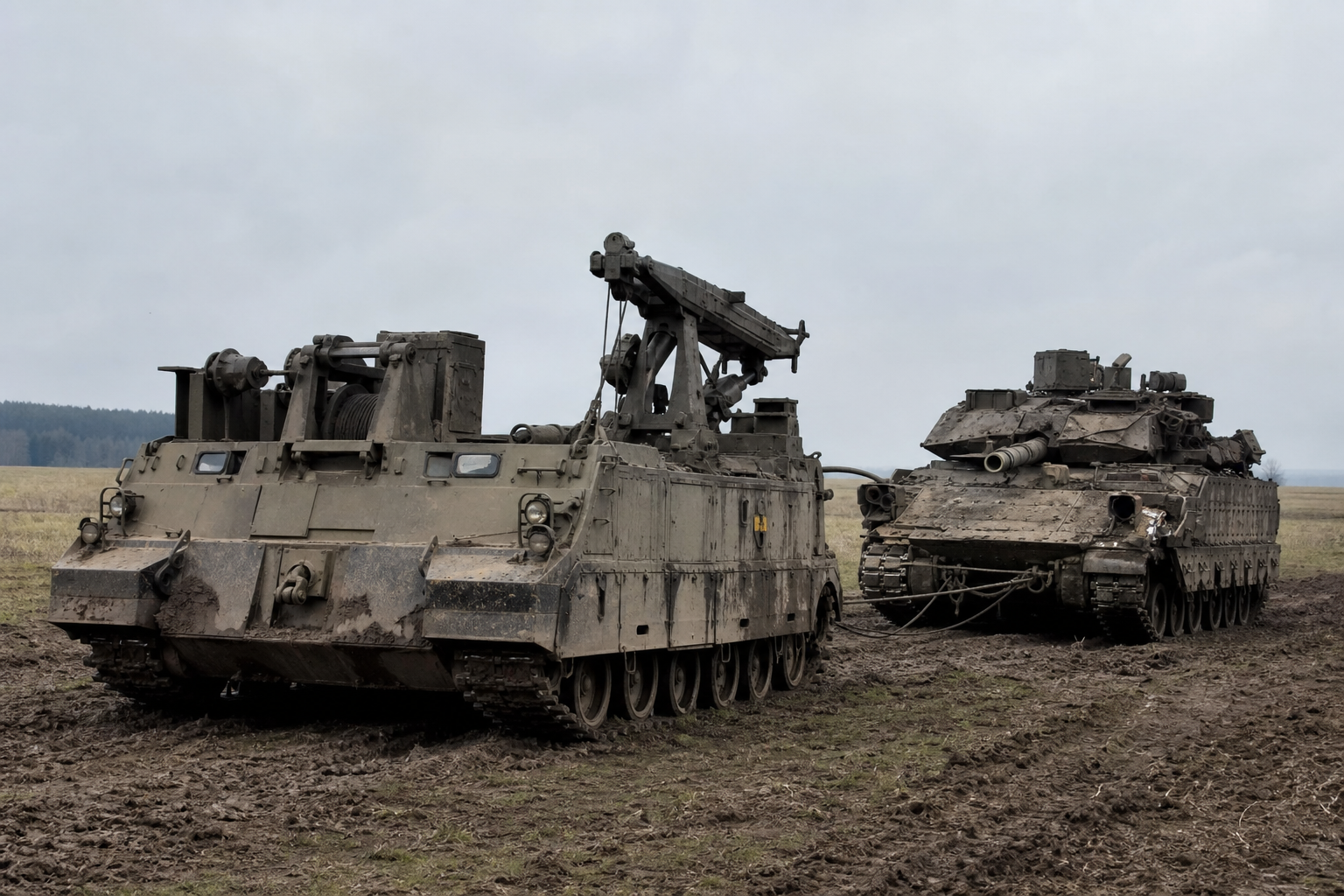 Armored recovery vehicle with crane near a disabled tank